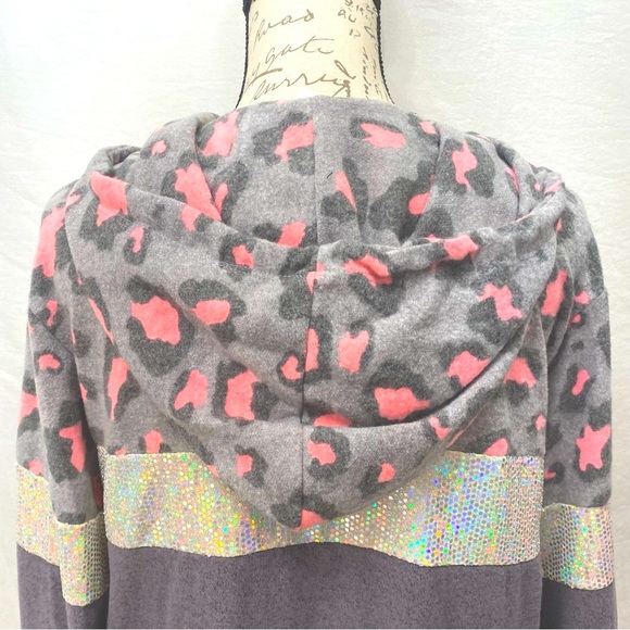 Sequin Embellished Pink and Gray Animal Print Attached Hood Sweatshirt NWT S - Picture 8 of 13